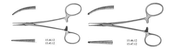 Forceps, hemostatic, curved/straight, serrated/toothed, H-Mosquito